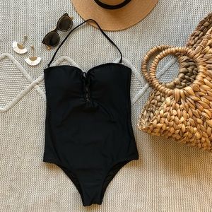 Black One Piece Open Back Swimsuit